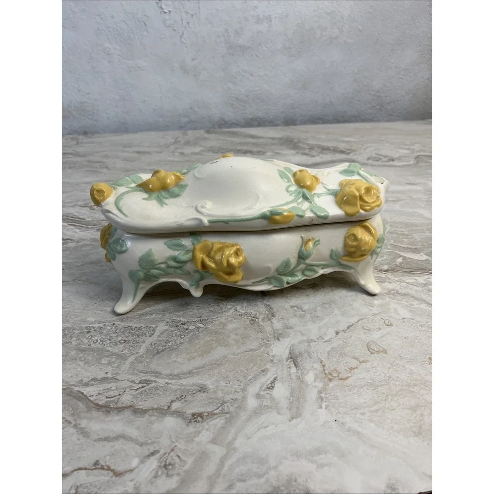 Antique Victorian Porcelain Yellow Rose Jewelry/Trinket Storage Box